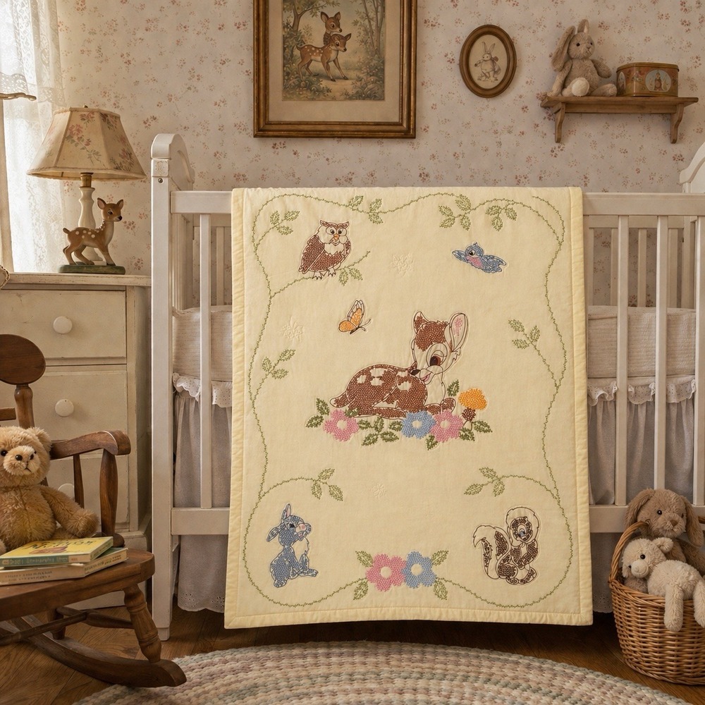 1970's Vintage Bambi Baby Quilt or Wall Hanging  Disney Handmade  Embroidered